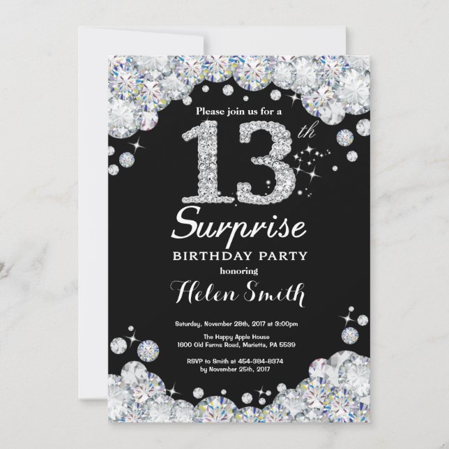 Überraschung 13. Geburtstag Einladung Silver Diamo (Vorderseite)