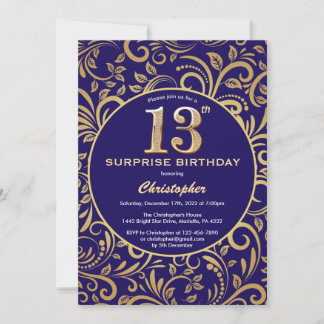 Überraschung 13. Geburtstag Navy Blau und Gold Flo Einladung