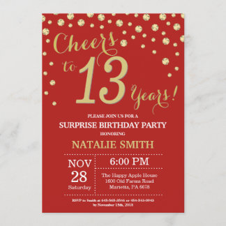 Überraschung 13. Geburtstag Rot und Gold Diamond Einladung