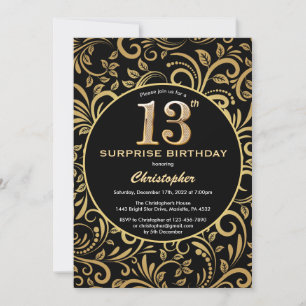 Überraschung 13. Geburtstag Schwarz und Gold Flora Einladung