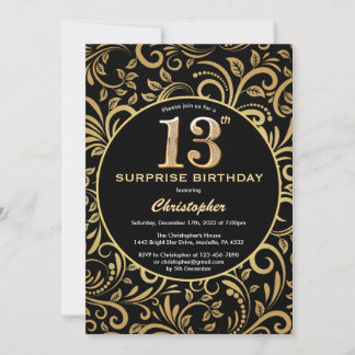 Überraschung 13. Geburtstag Schwarz und Gold Flora Einladung