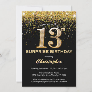 Überraschung 13. Geburtstag Schwarz und Gold Glitz Einladung