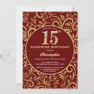 Überraschung 15. Geburtstag Burgund Red & Gold Flo Einladung