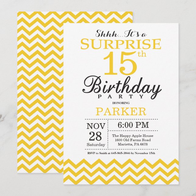 Überraschung 15. Geburtstag Einladung Gelb Zickzac (Vorne/Hinten)