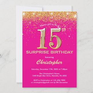 Überraschung 15. Geburtstag Hot Pink und Gold Glit Einladung
