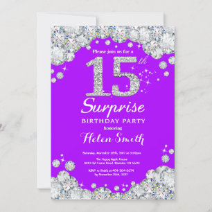 Überraschung 15. Geburtstag Lila und Silber Diaman Einladung