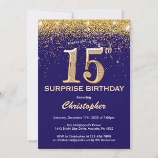 Überraschung 15. Geburtstag Navy Blue und Gold Gli Einladung