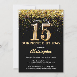 Überraschung 15. Geburtstag Schwarz und Gold Glitz Einladung
