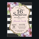 Überraschung 16. Geburtstag Einladung floraler Tee<br><div class="desc">Überraschung 16. Geburtstag Einladung für Teenager Dame. 16 . Geburtstag. Black and Gold Geburtstagsparty einladen. Gold Glitzer. Lila Aquarellblüten Blume. Schwarze und weiße Streifen. Printable Digital. Für weitere Anpassungen klicken Sie bitte auf die Schaltfläche "Anpassen" und verwenden Sie unser Designwerkzeug,  um diese Vorlage zu ändern.</div>