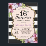 Überraschung 16. Geburtstag Einladung floraler Tee<br><div class="desc">Überraschung 16. Geburtstag Einladung für Teenager Dame. 16 . Geburtstag. Black and Gold Geburtstagsparty einladen. Gold Glitzer. Lila Aquarellblüten Blume. Schwarze und weiße Streifen. Printable Digital. Für weitere Anpassungen klicken Sie bitte auf die Schaltfläche "Anpassen" und verwenden Sie unser Designwerkzeug,  um diese Vorlage zu ändern.</div>