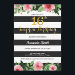 Überraschung 16. Geburtstag Einladung Teen Floral<br><div class="desc">Überraschung 16. Geburtstag Einladung für Teen Girl Lady. Black and Gold Geburtstagsparty einladen. Gold Glitzer. Rosa Aquarellfarbene Blume mit Blumen. Schwarze und weiße Streifen. Printable Digital. Für weitere Anpassungen klicken Sie bitte auf die Schaltfläche "Anpassen" und verwenden Sie unser Designwerkzeug,  um diese Vorlage zu ändern.</div>