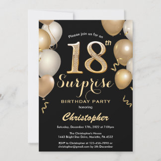 Überraschung 18. Geburtstag Black and Gold Ballons Einladung
