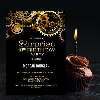 Überraschung 18. Geburtstag Black Gold Steampunk Einladung