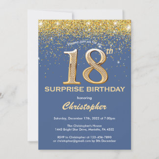 Überraschung 18. Geburtstag Blau und Gold Glitzer Einladung