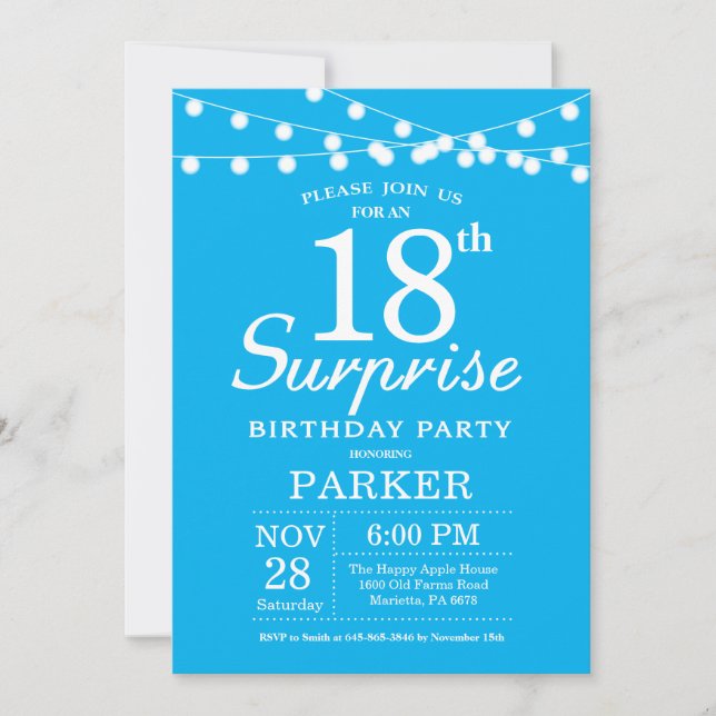 Überraschung 18. Geburtstag Einladung Blau (Vorderseite)