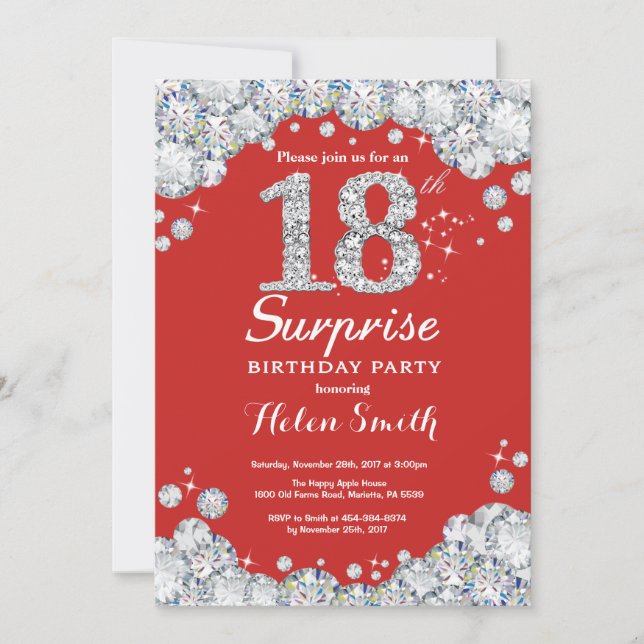Überraschung 18. Geburtstag Einladung Silver Diamo (Vorderseite)