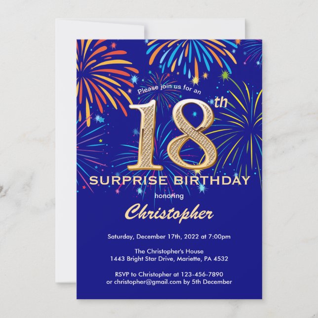 Überraschung 18. Geburtstag Navy Blue Gold Feuerwe Einladung (Vorderseite)