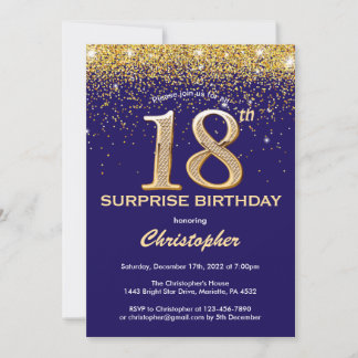Überraschung 18. Geburtstag Navy Blue und Gold Gli Einladung