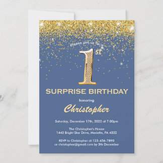Überraschung 1. Geburtstag Blau und Gold Glitzer Einladung