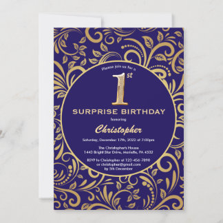 Überraschung 1. Geburtstag Navy Blau und Gold Flor Einladung