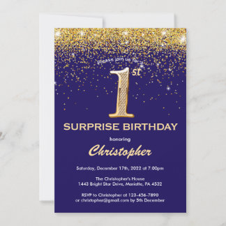 Überraschung 1. Geburtstag Navy Blue und Gold Glit Einladung