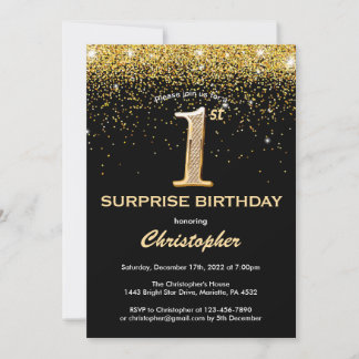 Überraschung 1. Geburtstag Schwarz und Gold Glitze Einladung