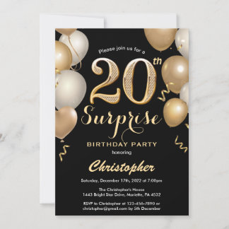 Überraschung 20. Geburtstag Black and Gold Ballons Einladung