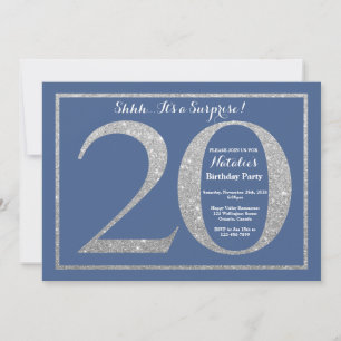 Überraschung 20. Geburtstag Blau und Silber Glitte Einladung