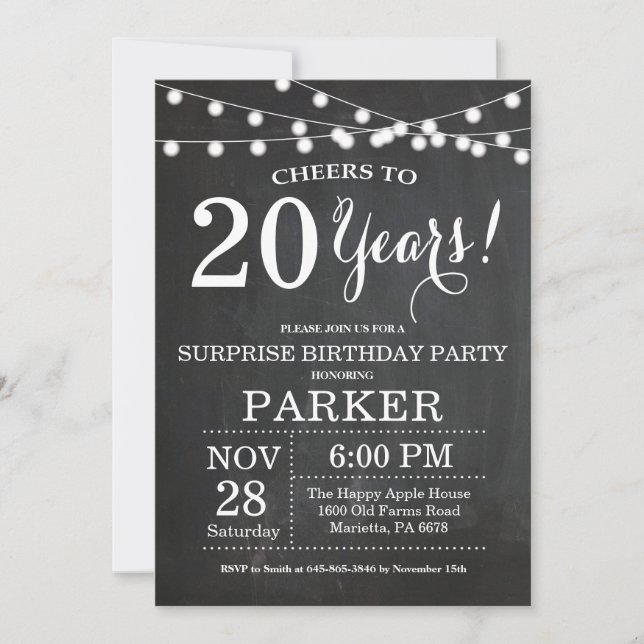 Überraschung 20. Geburtstag Einladung Chalkboard (Vorderseite)