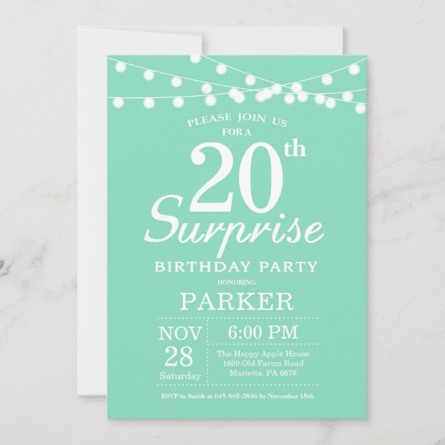 Überraschung 20. Geburtstag Einladung Mint Green (Vorderseite)