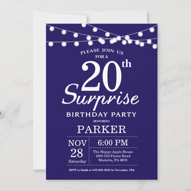 Überraschung 20. Geburtstag Einladung Navy Blue (Vorderseite)
