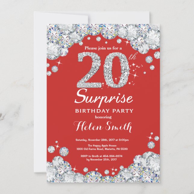 Überraschung 20. Geburtstag Einladung Silver Diamo (Vorderseite)