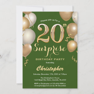 Überraschung 20. Geburtstag Grün und Gold Ballons Einladung