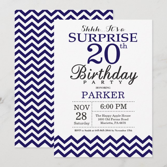 Überraschung 20. Geburtstag Navy Blau Zickzack Einladung (Vorne/Hinten)