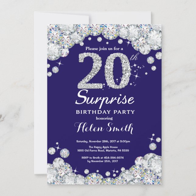 Überraschung 20. Geburtstag Navy Blue Silver Diamo Einladung (Vorderseite)