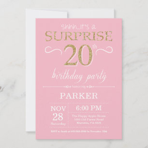 Überraschung 20. Geburtstag Pink und Gold Glitter Einladung