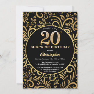 Überraschung 20. Geburtstag Schwarz und Gold Flora Einladung
