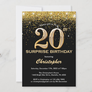Überraschung 20. Geburtstag Schwarz und Gold Glitz Einladung