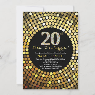 Überraschung 20. Geburtstag Schwarz und Gold Glitz Einladung