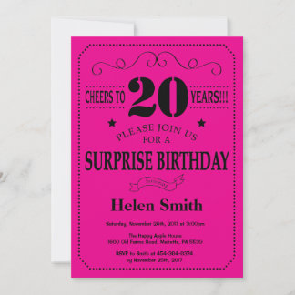 Überraschung 20. Geburtstag Schwarz und Hot Pink Einladung