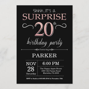 Überraschung 20. Geburtstag Schwarz und Rose Pink  Einladung