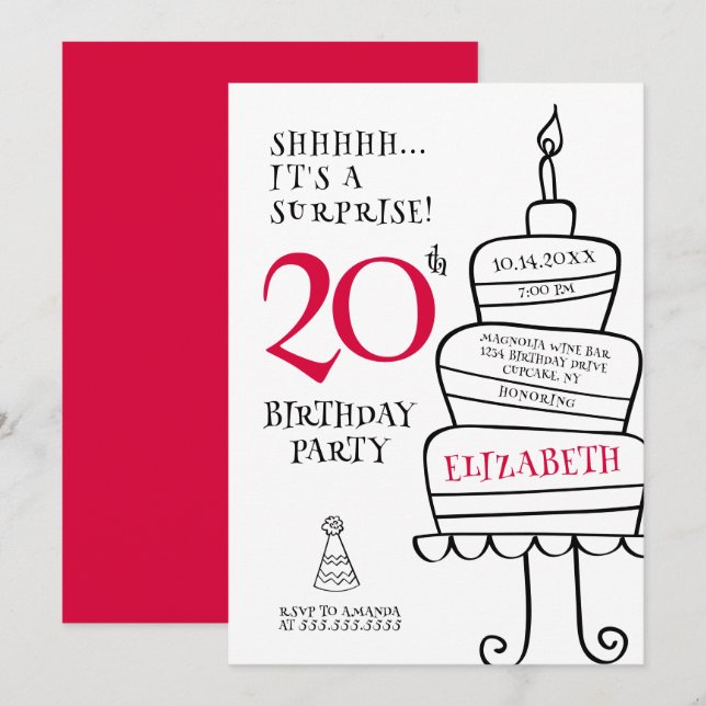 Überraschung 20. Geburtstagsparty Einladung (Vorne/Hinten)