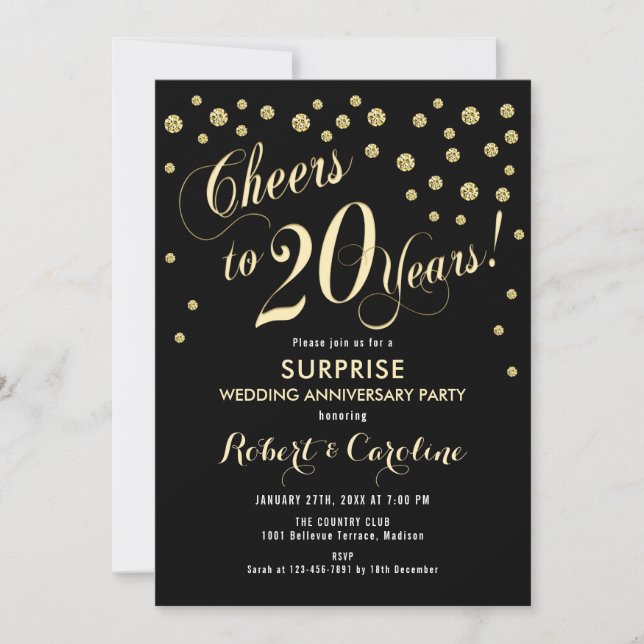 Überraschung 20. Hochzeitstag - Black & Gold Einladung (Vorderseite)