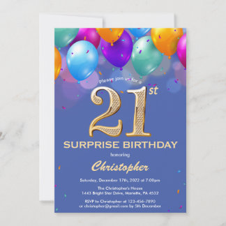 Überraschung 21. Geburtstag Blue und Gold Ballons Einladung