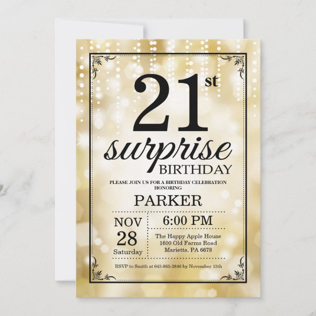 Überraschung 21. Geburtstag Einladung Gold Glitzer (Vorderseite)
