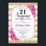 Überraschung 21. Geburtstag - Gold Weißrosa Einladung<br><div class="desc">Überraschung 21. Geburtstag Einladung. Weiblich,  rosa Design mit Imitaten Glitzer Gold. Enthält Streifen,  Rosen in Rosa rot,  Schriftart und Konfetti. Ideal für eine elegante Geburtstagsfeier. Kann personalisiert sein,  jedes Alter zu zeigen. Nachricht,  wenn Sie weitere Anpassungen benötigen.</div>