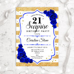 Überraschung 21. Geburtstag - Gold White Royal Blu Einladung<br><div class="desc">Überraschung 21. Geburtstag Einladung. Weibliches,  königsblaues Design mit Imitaten Glitzer Gold. Features Streifen,  saphir blauen Rose,  Skript-Schriftart und Konfetti. Ideal für eine elegante Geburtstagsfeier. Kann personalisiert sein,  jedes Alter zu zeigen. Nachricht,  wenn Sie weitere Anpassungen benötigen.</div>
