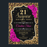 Überraschung 21. Geburtstag - Leopard Black Gold P Einladung<br><div class="desc">Überraschung 21. Geburtstag Einladung. Weiblich schwarzes,  heißrosa Design mit Imitaten Glitzer Gold. Features Tier Leopard Geparden Geparden,  Fuchsia Rose,  Skript-Schriftart und Konfetti. Ideal für eine elegante Geburtstagsfeier. Kann personalisiert sein,  jedes Alter zu zeigen. Nachricht,  wenn Sie weitere Anpassungen benötigen.</div>