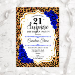 Überraschung 21. Geburtstag - Leopard Gold Royal B Einladung<br><div class="desc">Überraschung 21. Geburtstag Einladung. Weiblich königsblaues,  weißes Design mit Imitaten Glitzer Gold. Features Tier Leopard Geparden Geparden,  saphir blauen Rose,  Skript-Schriftart und Konfetti. Ideal für eine elegante Geburtstagsfeier. Kann personalisiert sein,  jedes Alter zu zeigen. Nachricht,  wenn Sie weitere Anpassungen benötigen.</div>