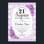Überraschung 21. Geburtstag - Lila Einladung<br><div class="desc">Überraschung 21. Geburtstag Einladung. Weiblich weiß,  lavendelfarbenes Design. Features Streifen,  pastellfarbene lila Rose,  Skript-Schriftart und Konfetti. Ideal für eine elegante Geburtstagsfeier. Kann personalisiert sein,  jedes Alter zu zeigen. Nachricht,  wenn Sie weitere Anpassungen benötigen.</div>